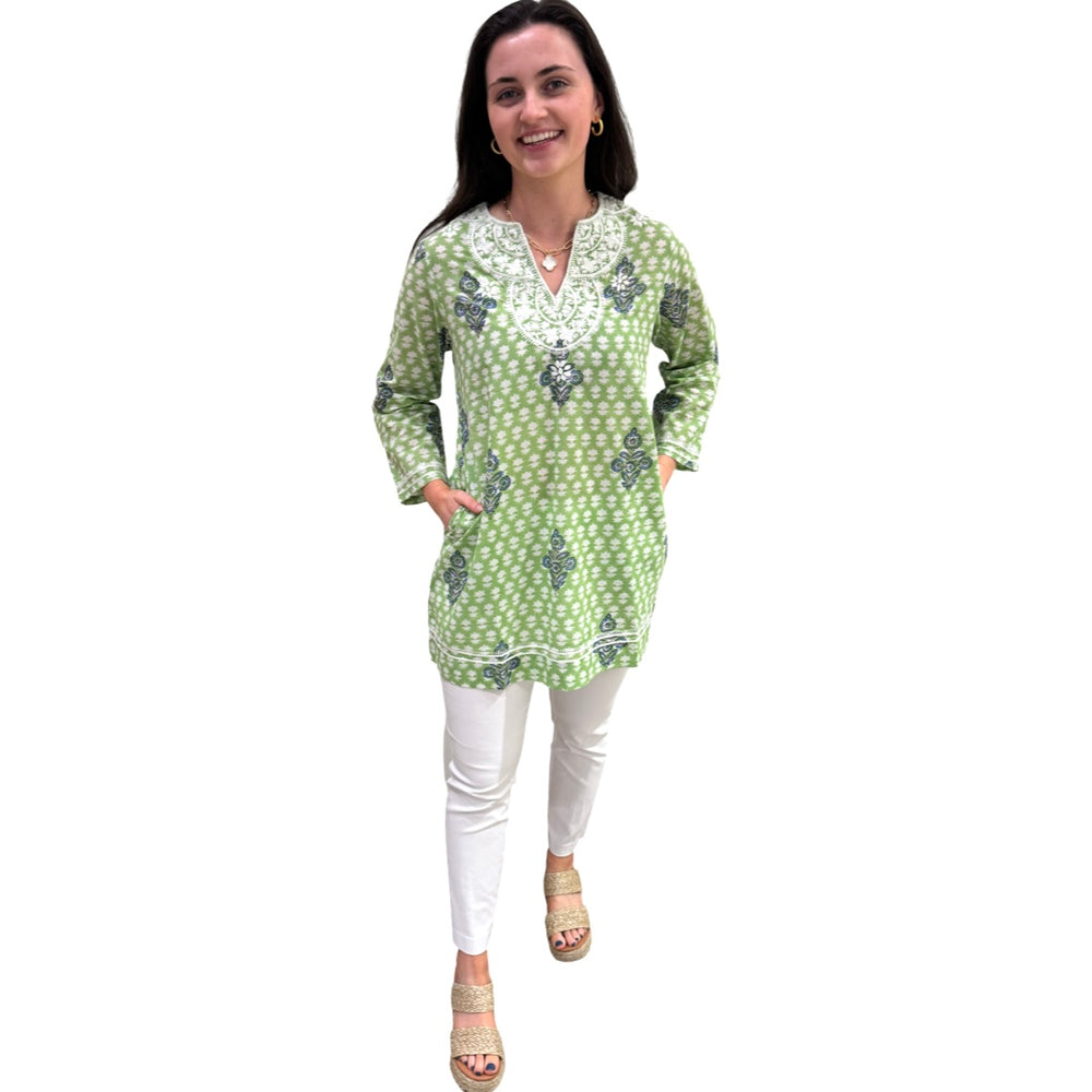 The Key Largo Embroidered Tunic in Light Green Hand Blocked Cotton — view 2