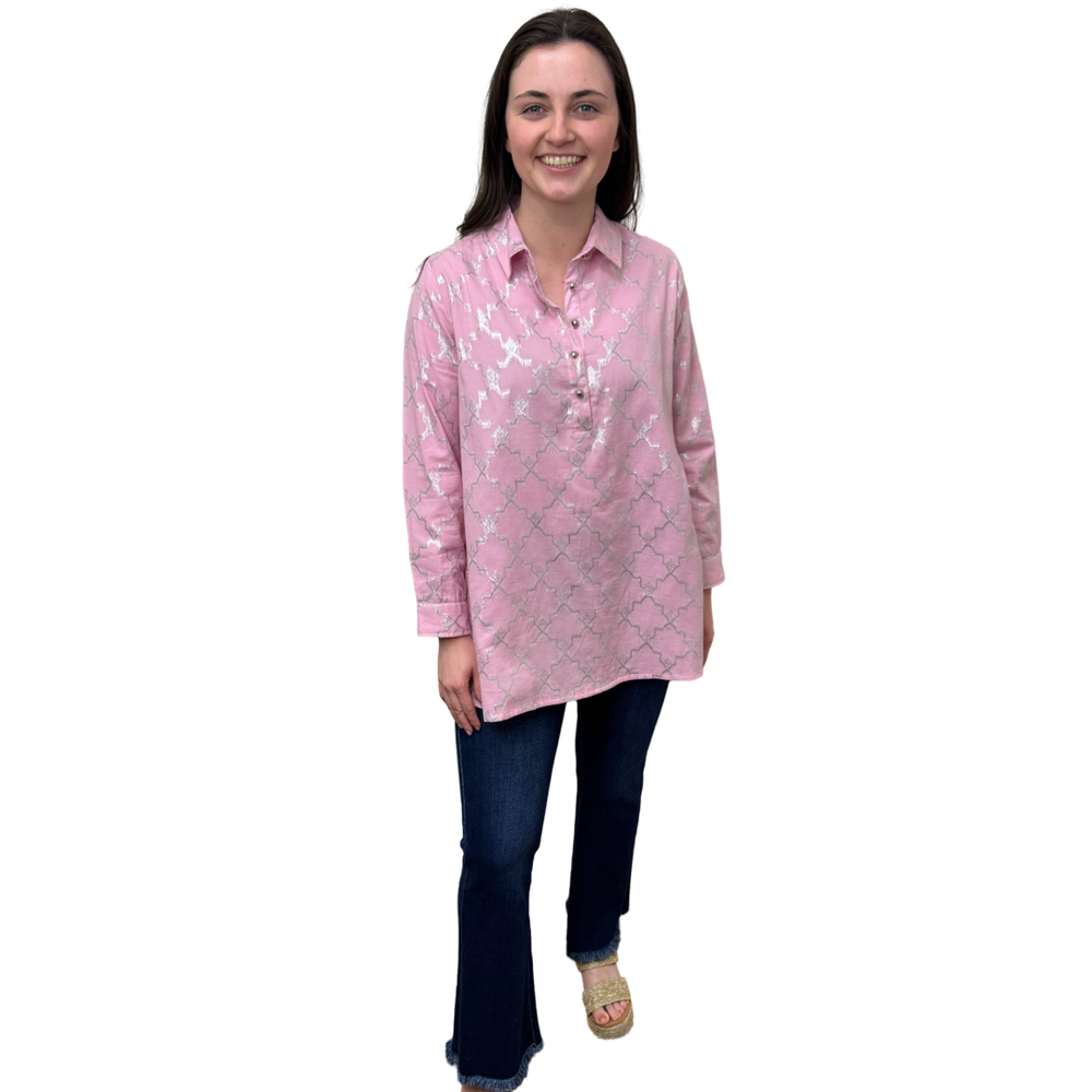 The Harper Easy Fit Top in Soft Pink and Silver Metallic — view 2