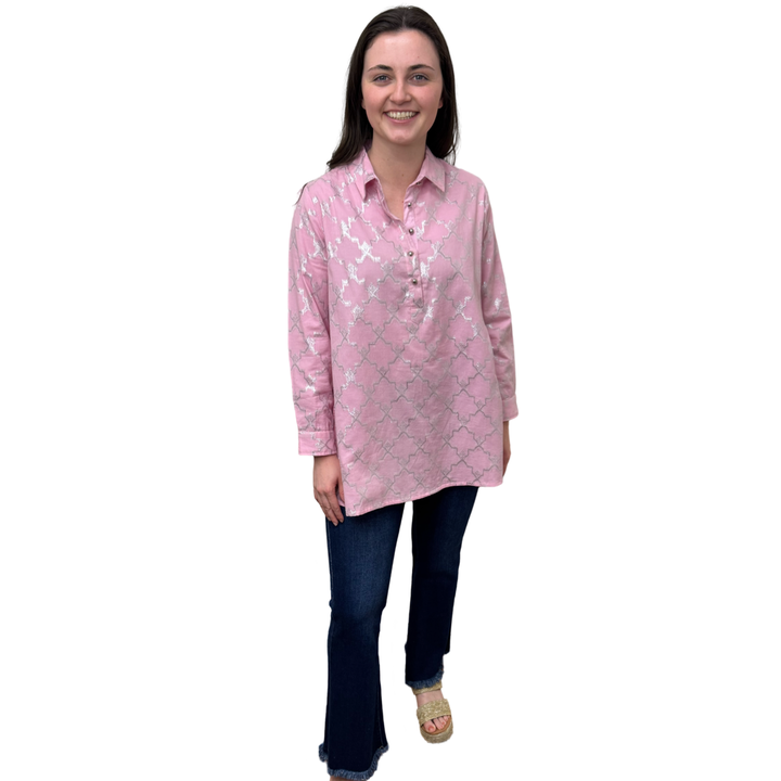 The Harper Easy Fit Top in Soft Pink and Silver Metallic — view 2