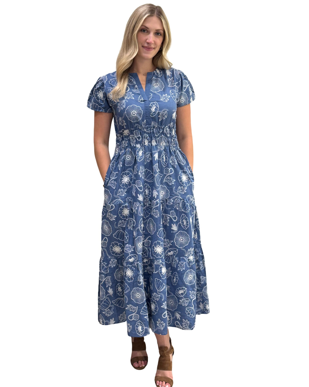 The Sydney Embroidered Cinch Waist Dress in Blue White — view 3