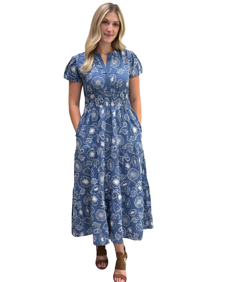The Sydney Embroidered Cinch Waist Dress in Blue White — view 3