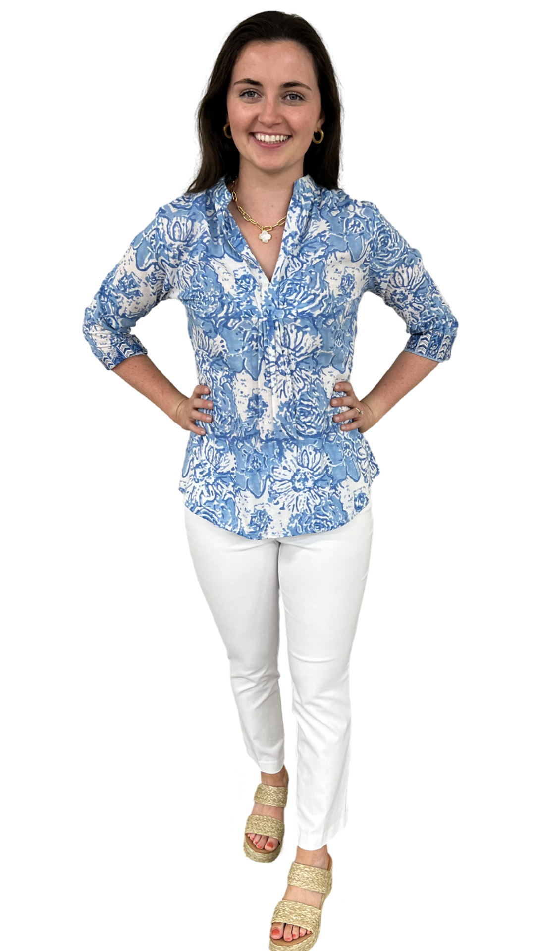 The Eloise Cotton Block Print Top in Soft Blue Petunia Floral — view 3