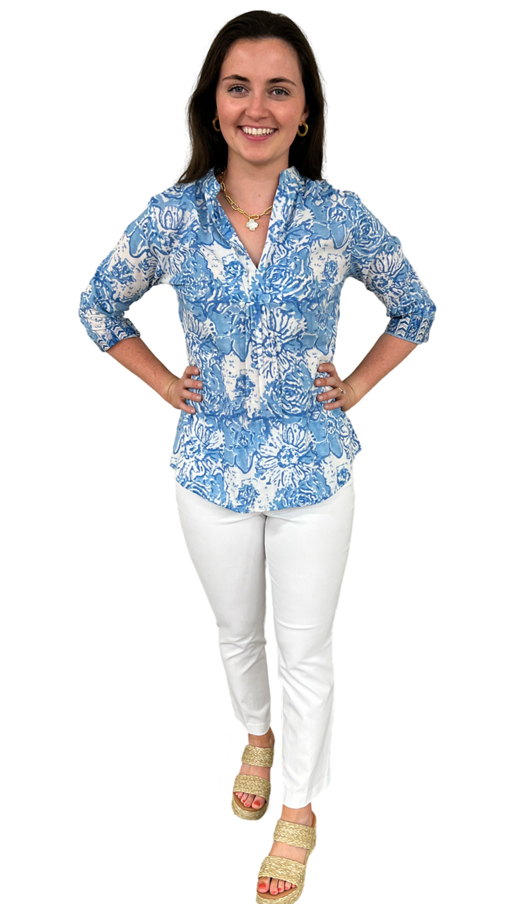 The Eloise Cotton Block Print Top in Soft Blue Petunia Floral — view 3