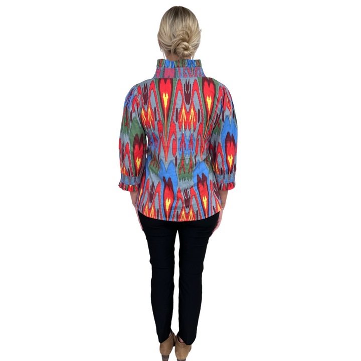 The Amelia Ruffle Front Top in Multicolored Cotton Ikat — view 5