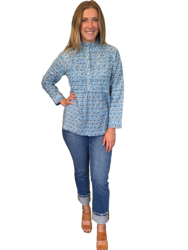 The Veronica Smocked Front Top in Light Blue Hand Block Printed Floral
