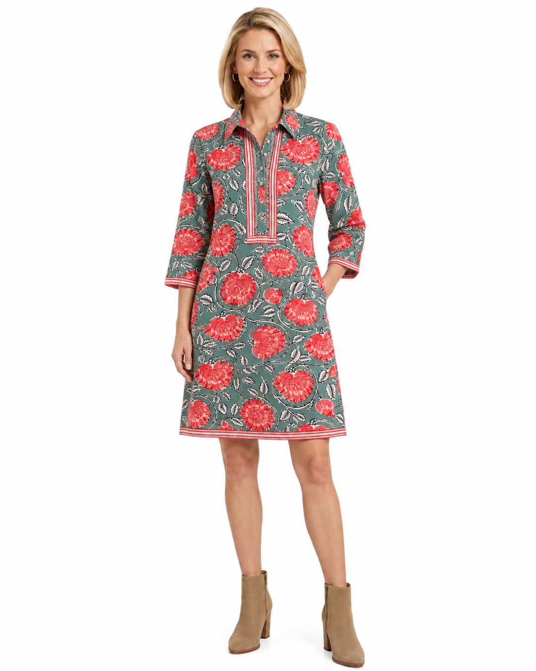The Annika Cotton Button Front Dress in Green and Red Crimson Hand Block Printed Floral