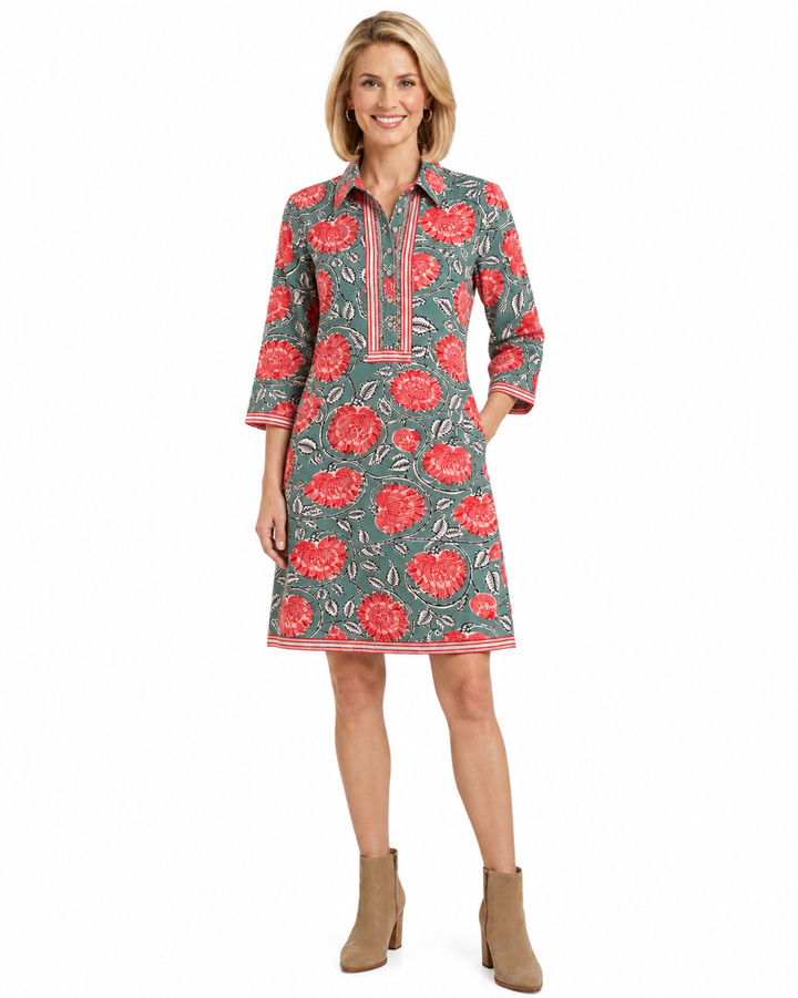 The Annika Cotton Button Front Dress in Green and Red Crimson Hand Block Printed Floral