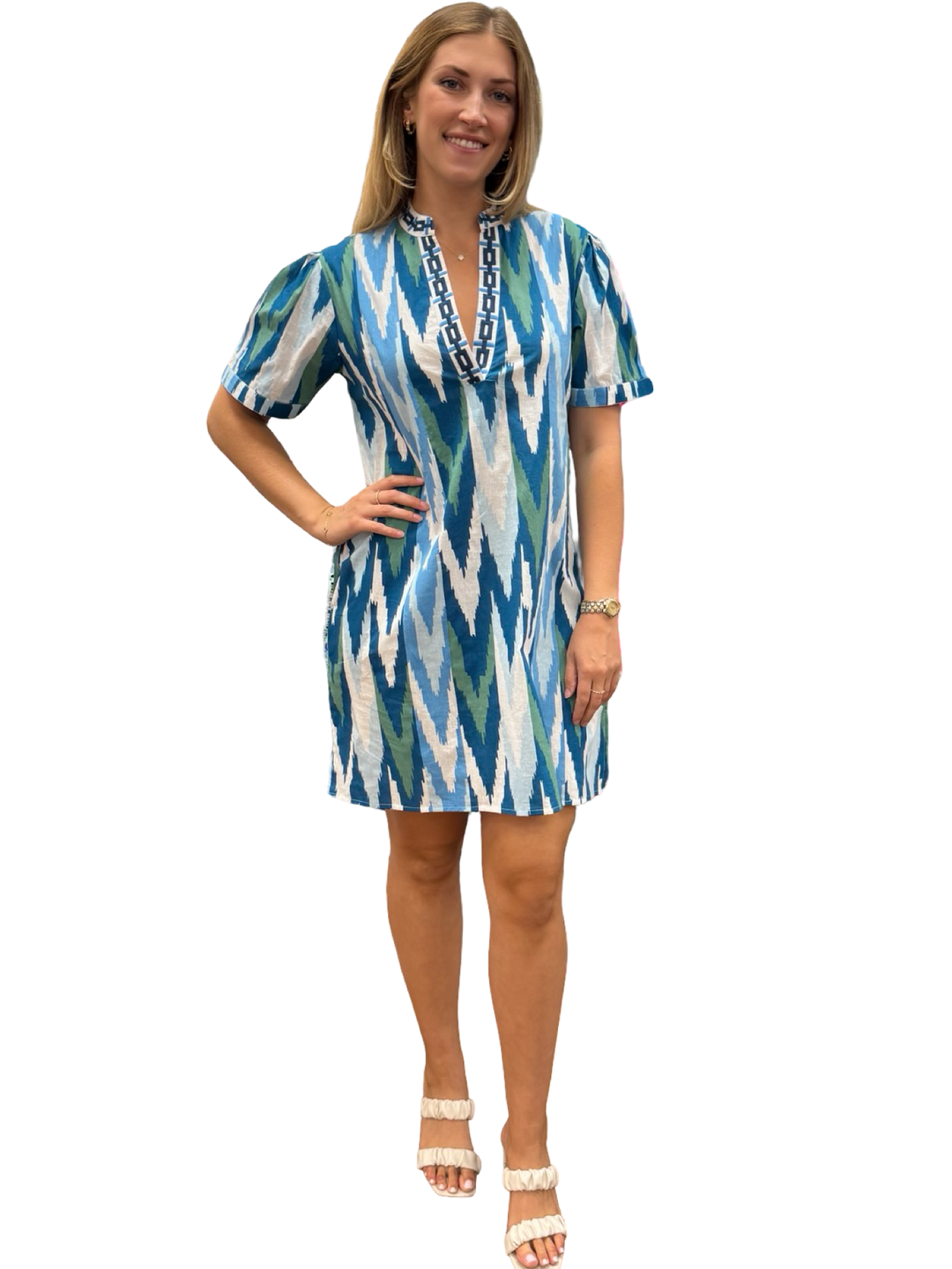The Cynthia Embroidered Trim Cotton Dress in Blue Green Ikat — view 3