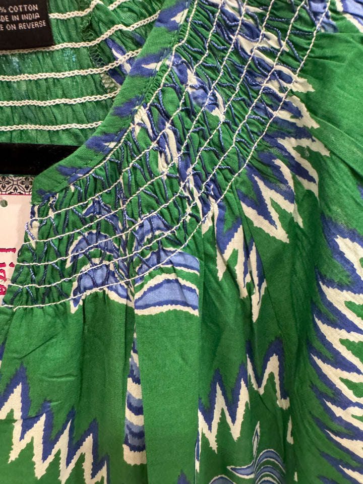 The Michelle Smocked Neck Dress in Green Blue Palm Print