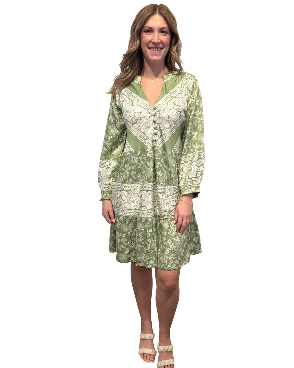 The Alexa Border Print Dress in Sage Green — view 3