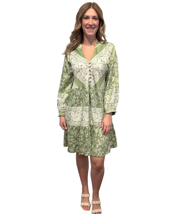The Alexa Border Print Dress in Sage Green — view 3