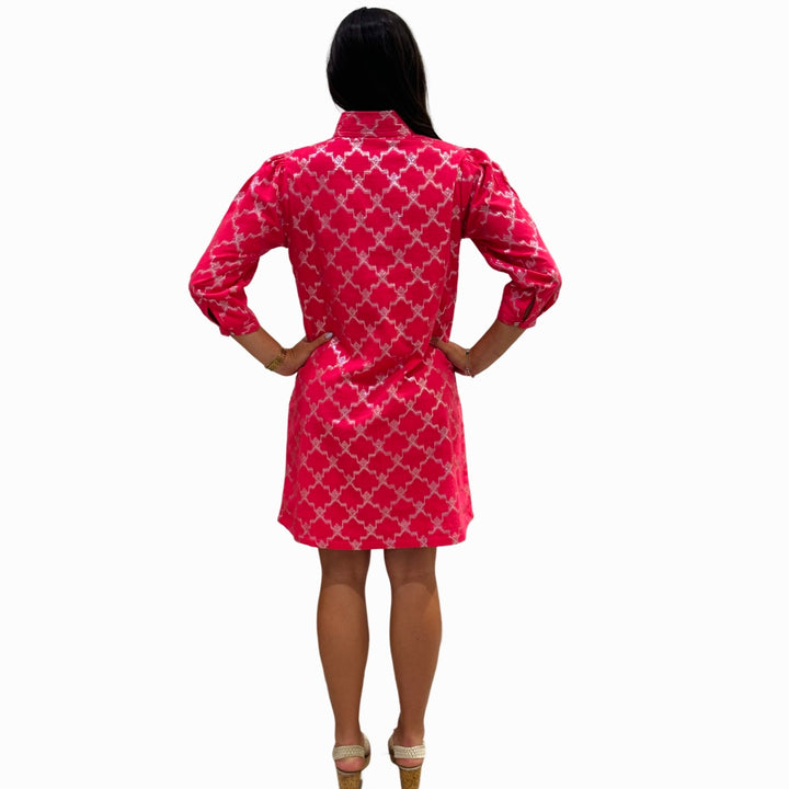 The Shipley Stand-Up Collar Dress in Hot Pink and Silver — view 8