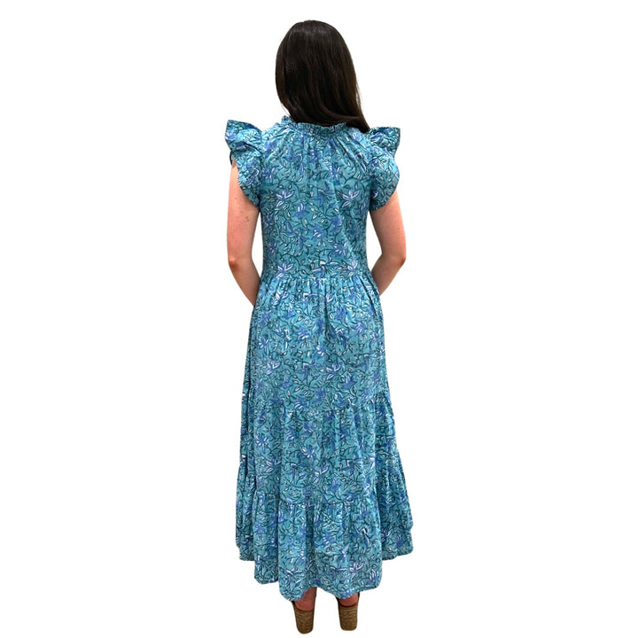 The Tinley Long Length Cotton Dress in Green and Blue Hand Block Floral — view 5