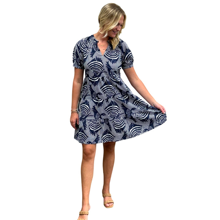 The Dahlia Smocked Neck Dress in Navy Striped Bird Print — view 3