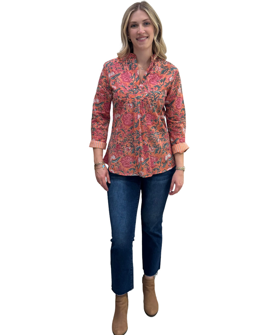 The Eloise Hand Block Printed Top in Orange Floral — view 2