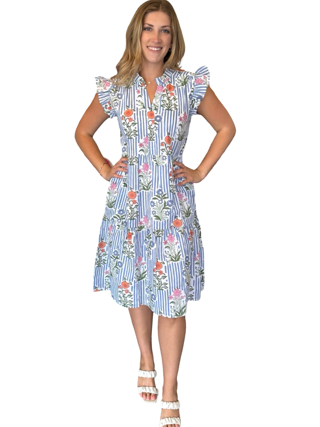 The Campbell Midi Length Flutter Sleeve Dress in Blue Striped Floral
