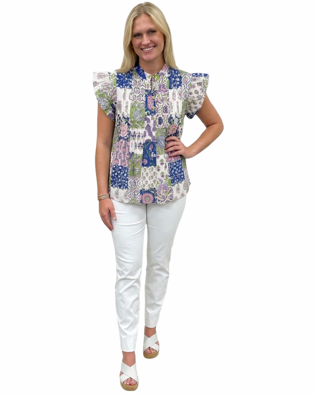 The Ava Pintuck Flutter Sleeve Top in Patch Print Cotton