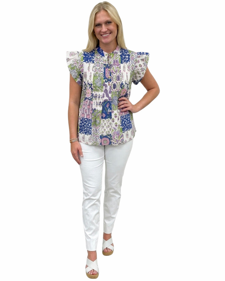 The Ava Pintuck Flutter Sleeve Top in Patch Print Cotton