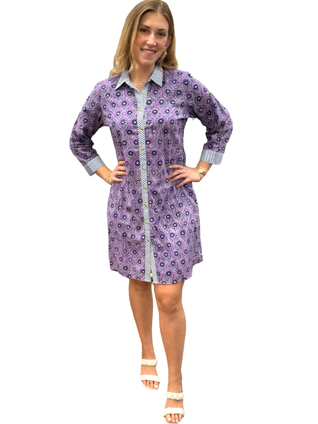 The Erika Button Front Dress in Lavender and Navy — view 5