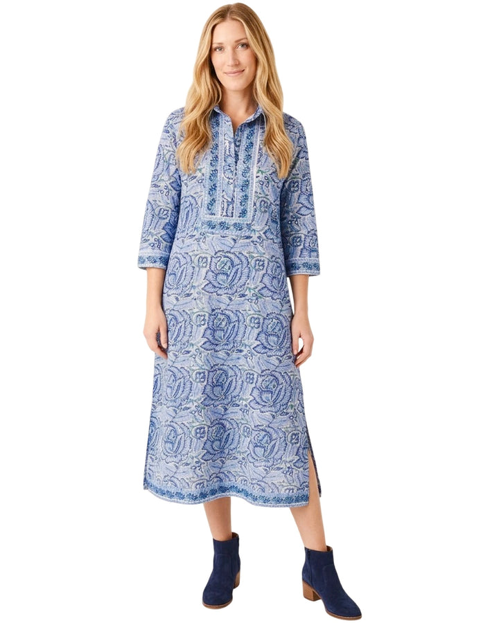 The Annika Long Length Dress in Blue Hand Block Printed Floral