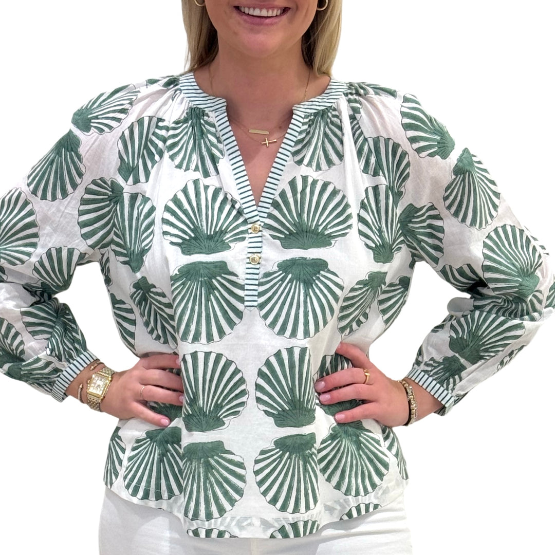 The Chandler Hand Blocked Cotton Top in Green Shell Print Cotton — view 3