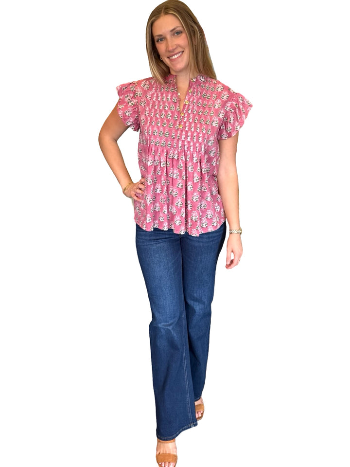 The Ava Pintuck Cotton Top in Rase Pink Hand Block Printed Floral