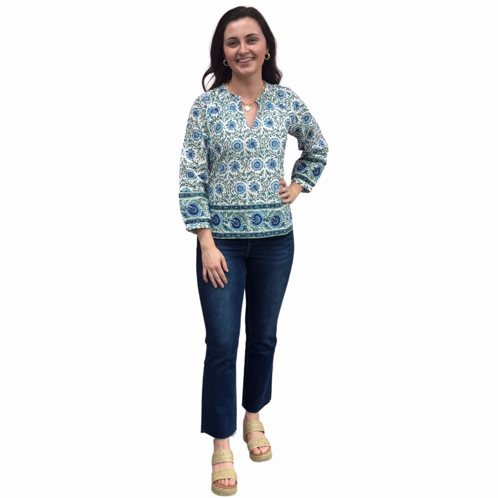 The Dahlia Smocked Neck Top in Blue Green Hand Blocked Cotton — view 2