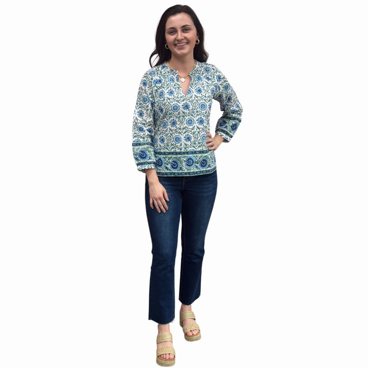 The Dahlia Smocked Neck Top in Blue Green Hand Blocked Cotton — view 2