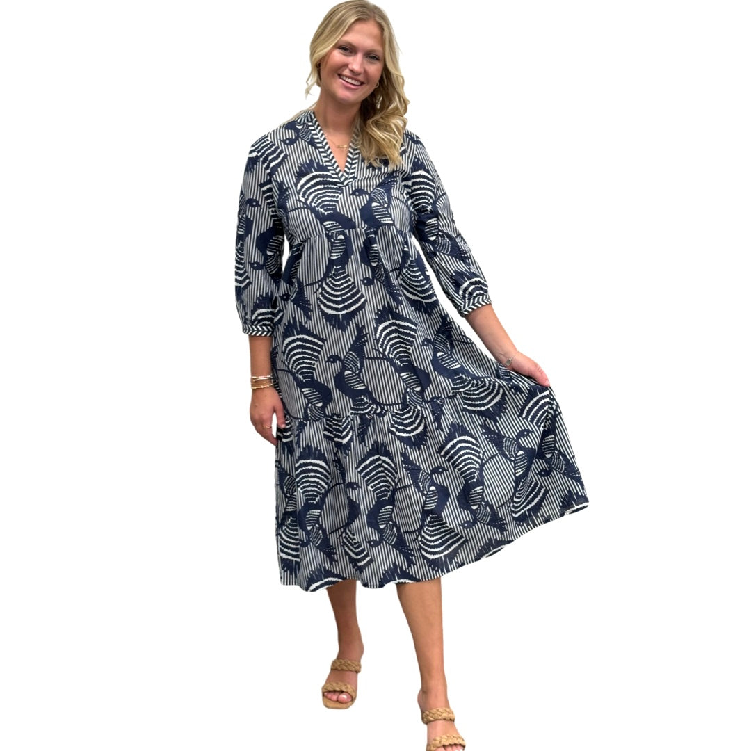 The Morley Striped Bird Print Dress in Navy and White — view 5