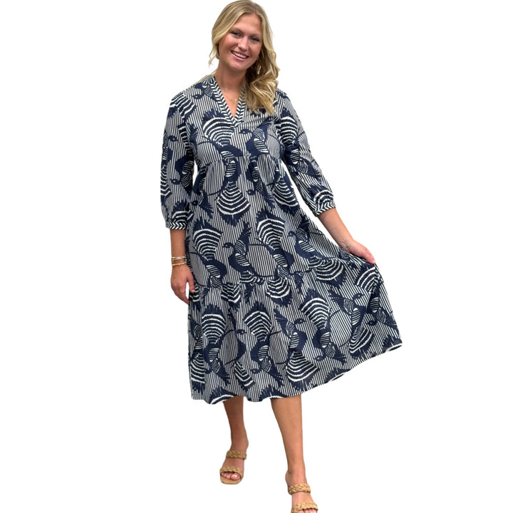 The Morley Striped Bird Print Dress in Navy and White — view 5