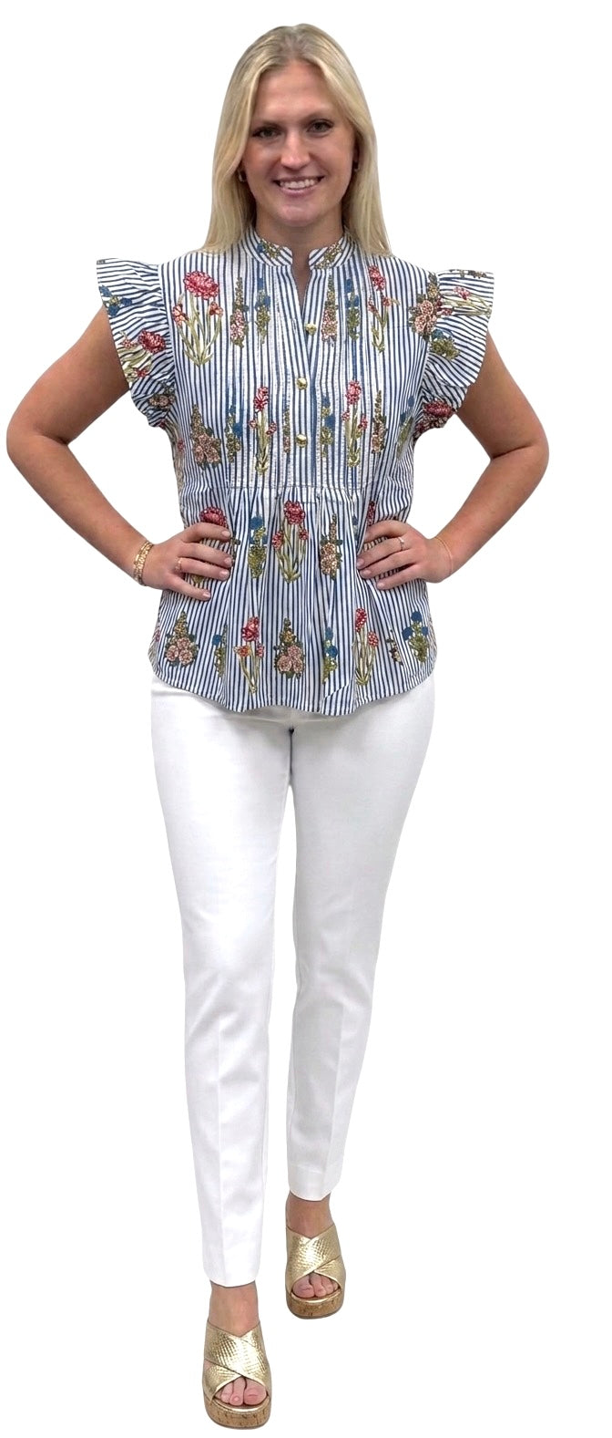 The Ava Pintuck Flutter Sleeve Top in Blue Striped Floral Hand Block