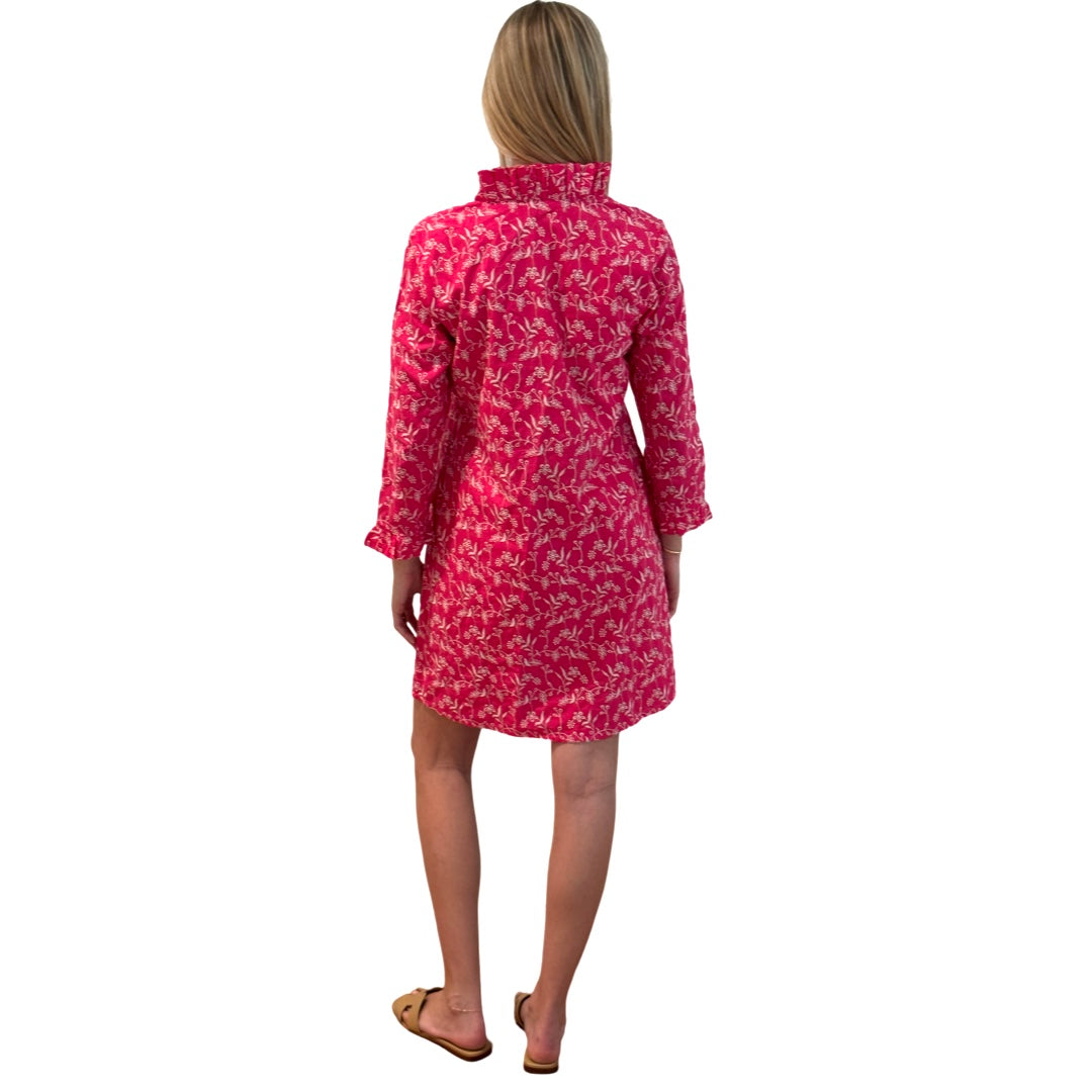 The Pretty in Pink Daley Ruffle Neck Dress in Embroidered Pink and White Cotton — view 6