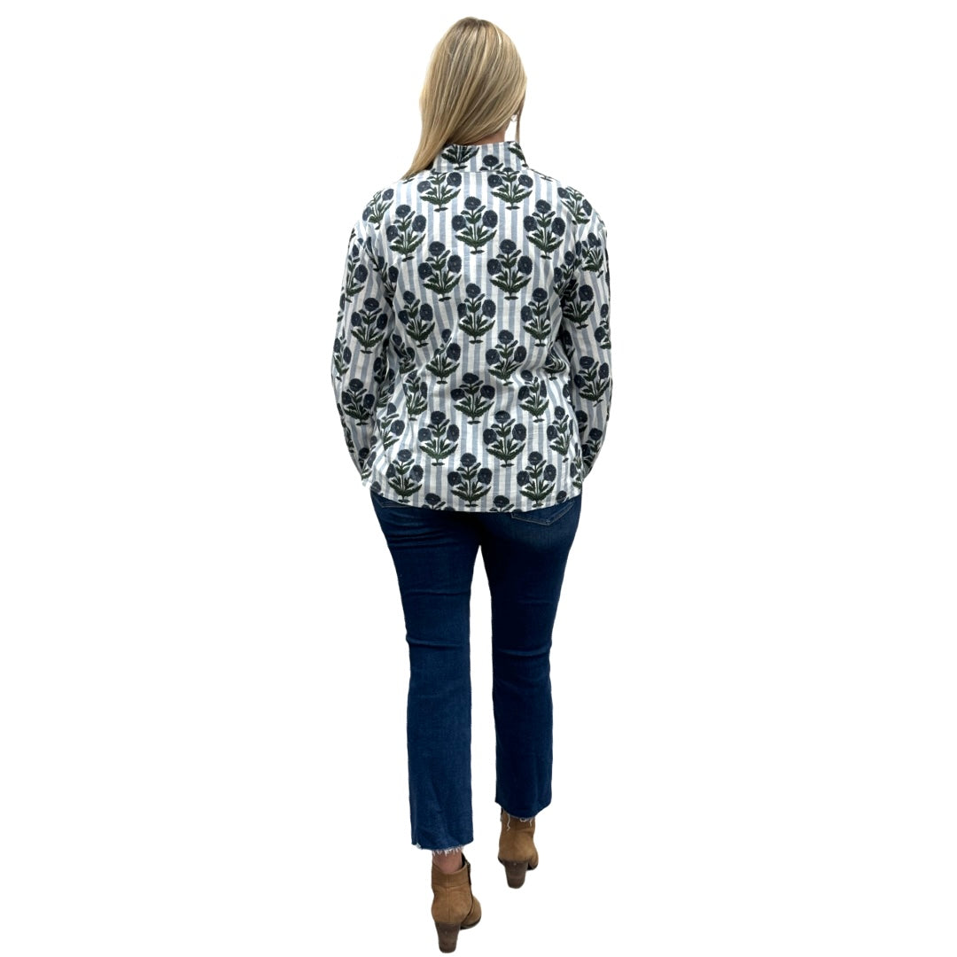 The Phoebe Striped Hand Block Top in Slate Blue — view 5