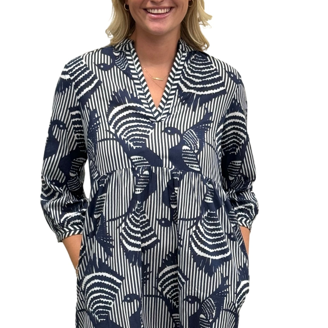 The Morley Striped Bird Print Dress in Navy and White — view 4