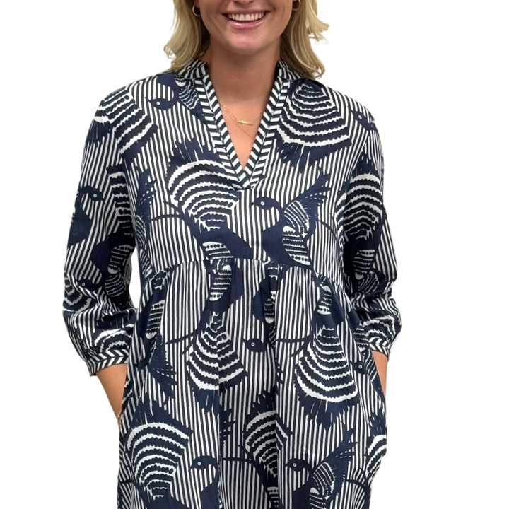 The Morley Striped Bird Print Dress in Navy and White — view 4