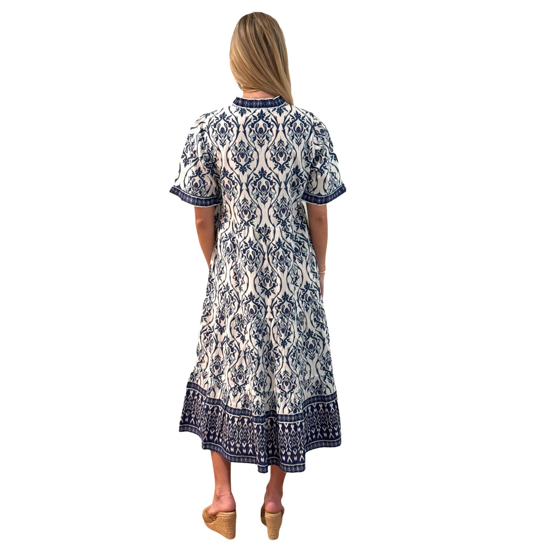 The Campbell Short Sleeve Long Hand Blocked Floral Border Print Dress in Blue and White — view 9