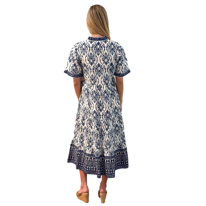 The Campbell Short Sleeve Long Hand Blocked Floral Border Print Dress in Blue and White — view 9