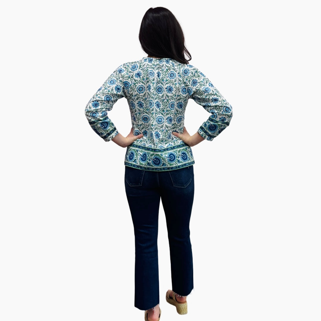 The Dahlia Smocked Neck Top in Blue Green Hand Blocked Cotton — view 5