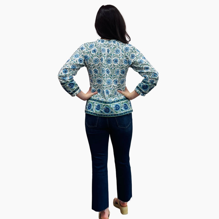 The Dahlia Smocked Neck Top in Blue Green Hand Blocked Cotton — view 5