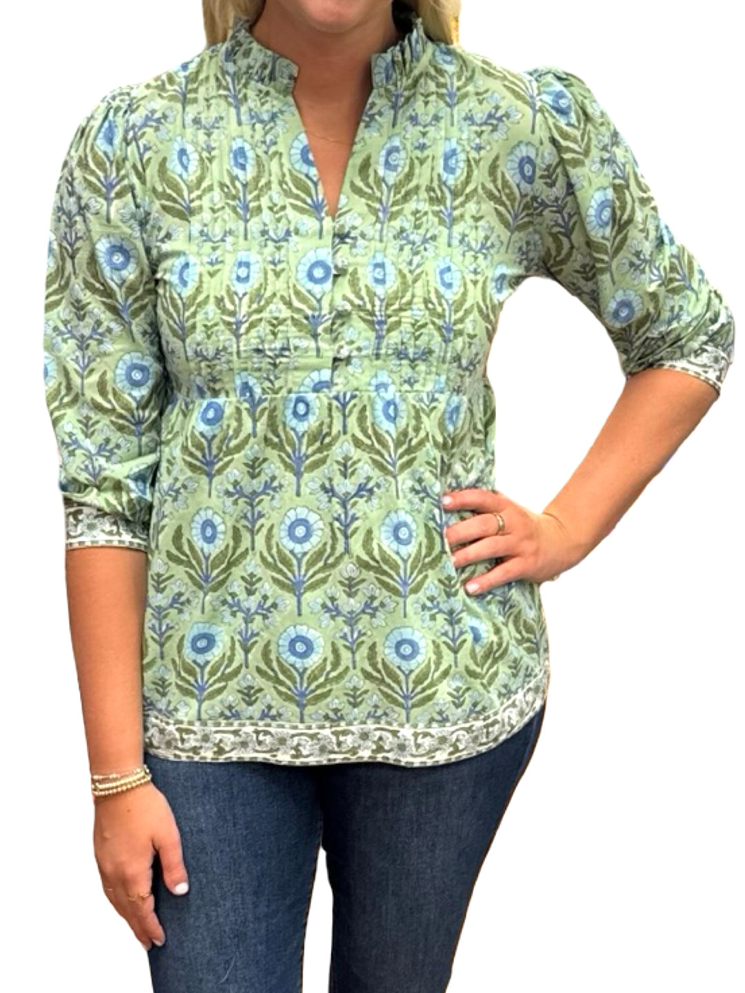 The Mandy Button Front Top in Green Hand-block Printed Floral