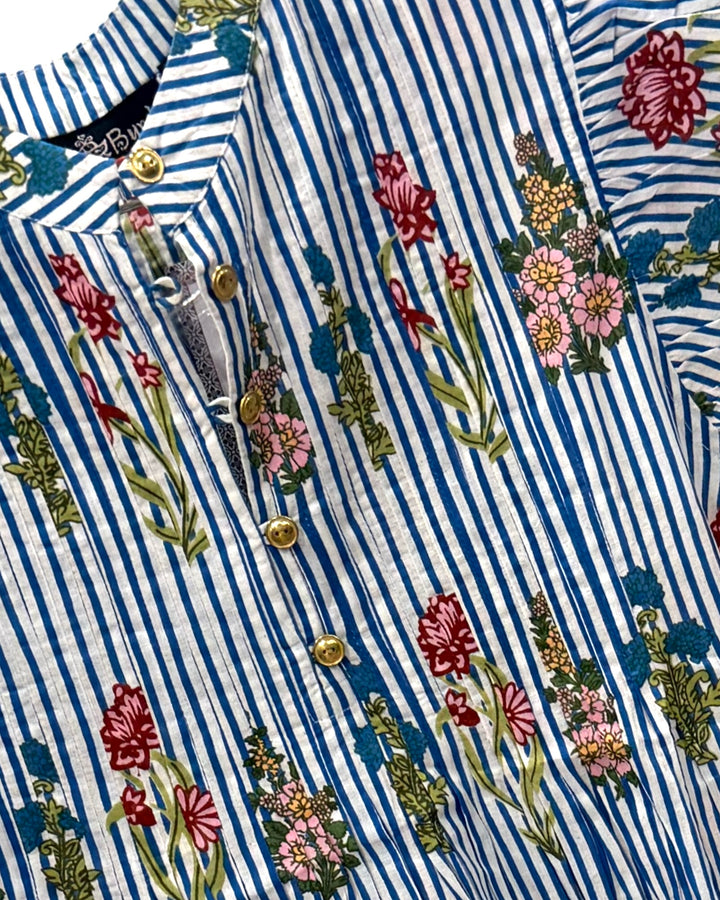 The Ava Pintuck Flutter Sleeve Top in Blue Striped Floral Hand Block — view 3
