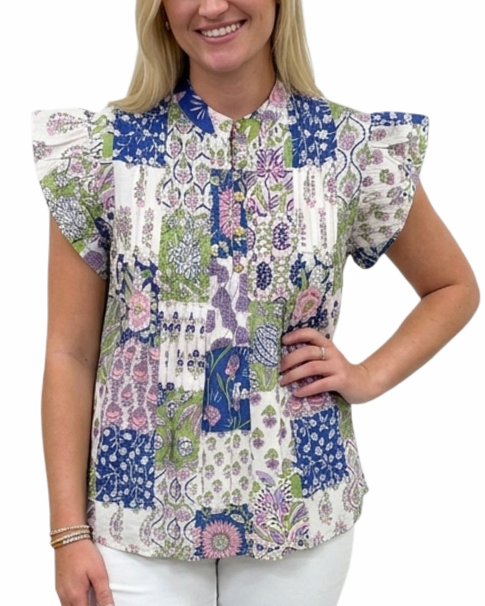 The Ava Pintuck Flutter Sleeve Top in Patch Print Cotton — view 2