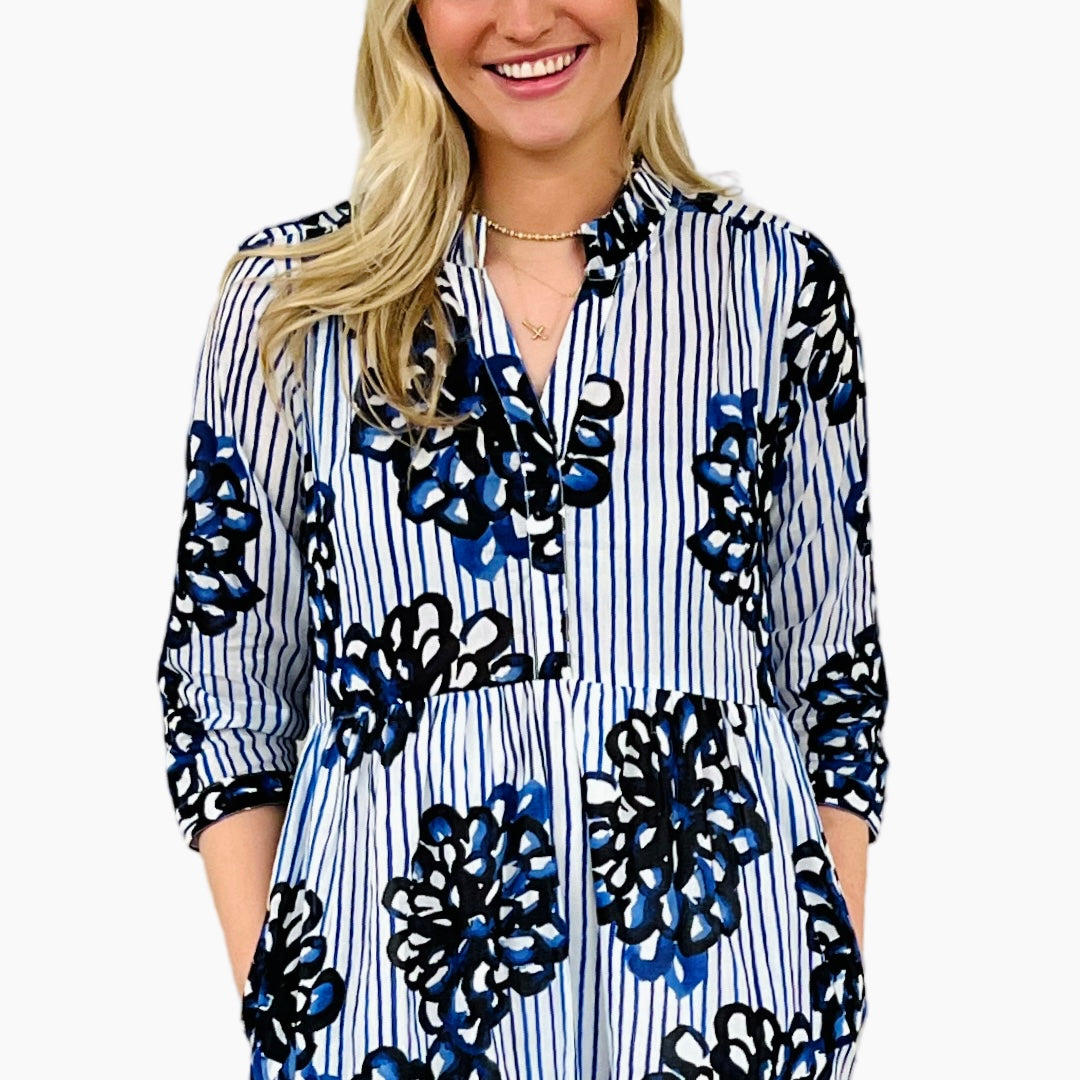 The Campbell Striped Floral 3/4 Sleeve Midi Dress in Blue and White – Liza  Byrd