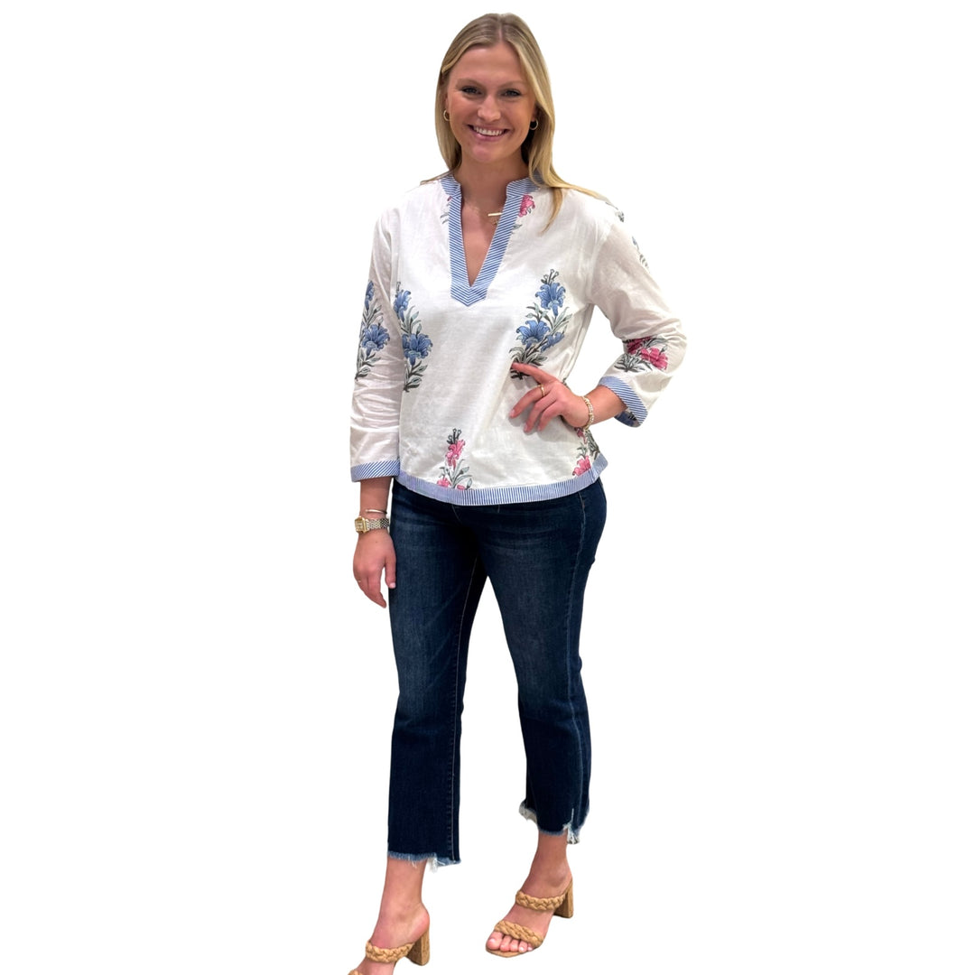 The Kelsea Striped Trim Hand-Blocked Floral Top
