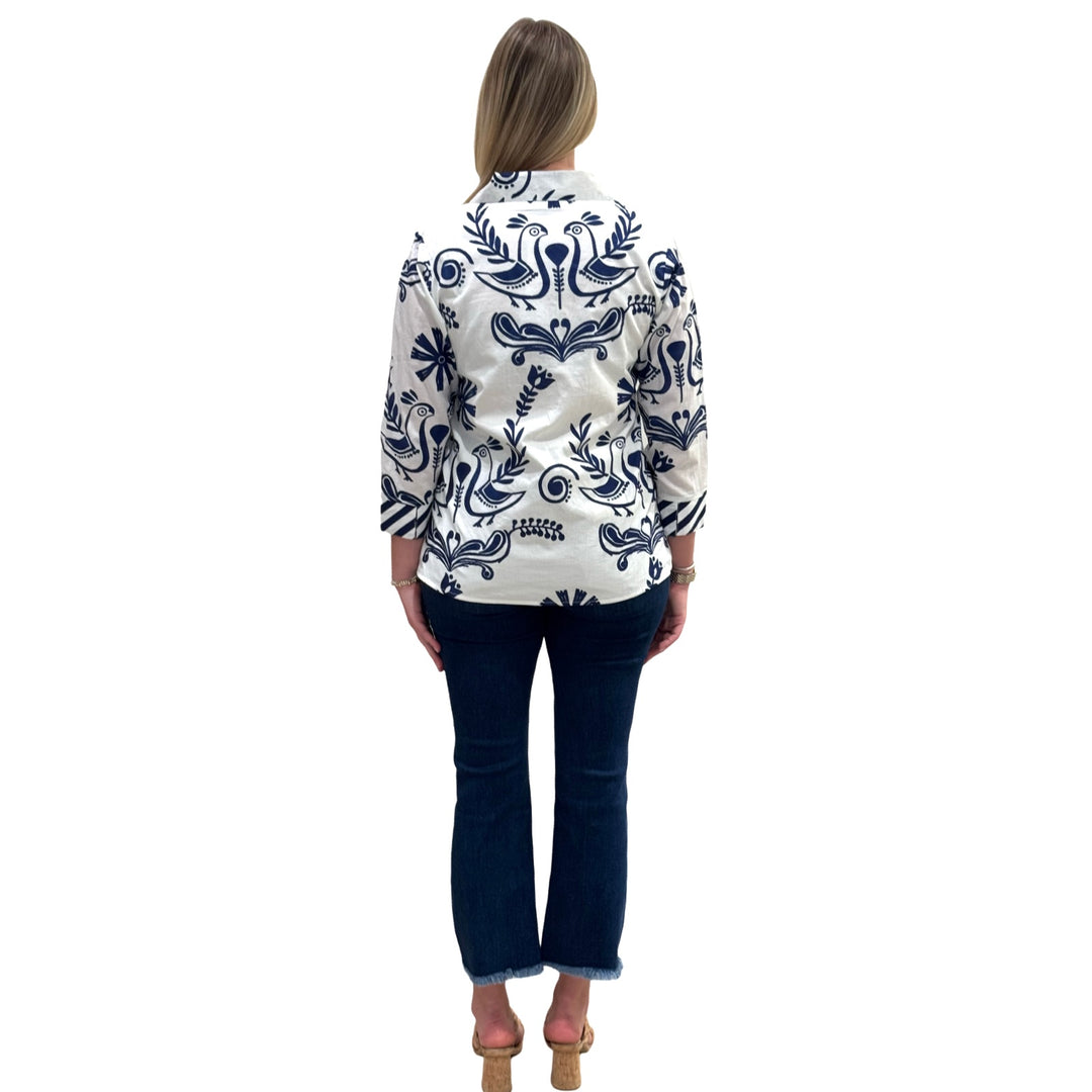The Lisette Cotton Bird Print Top in White and Navy — view 6