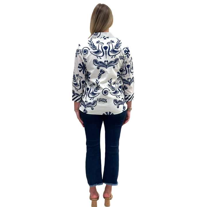The Lisette Cotton Bird Print Top in White and Navy — view 6