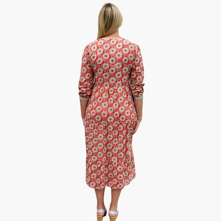 The Daniella Embroidered Trim Dress in Coral and Lime Floral Hand-Blocked Cotton — view 5
