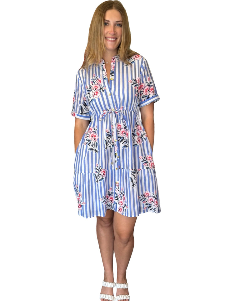 The Hamilton Button Front Tie Waist Dress in Periwinkle Striped Floral — view 4