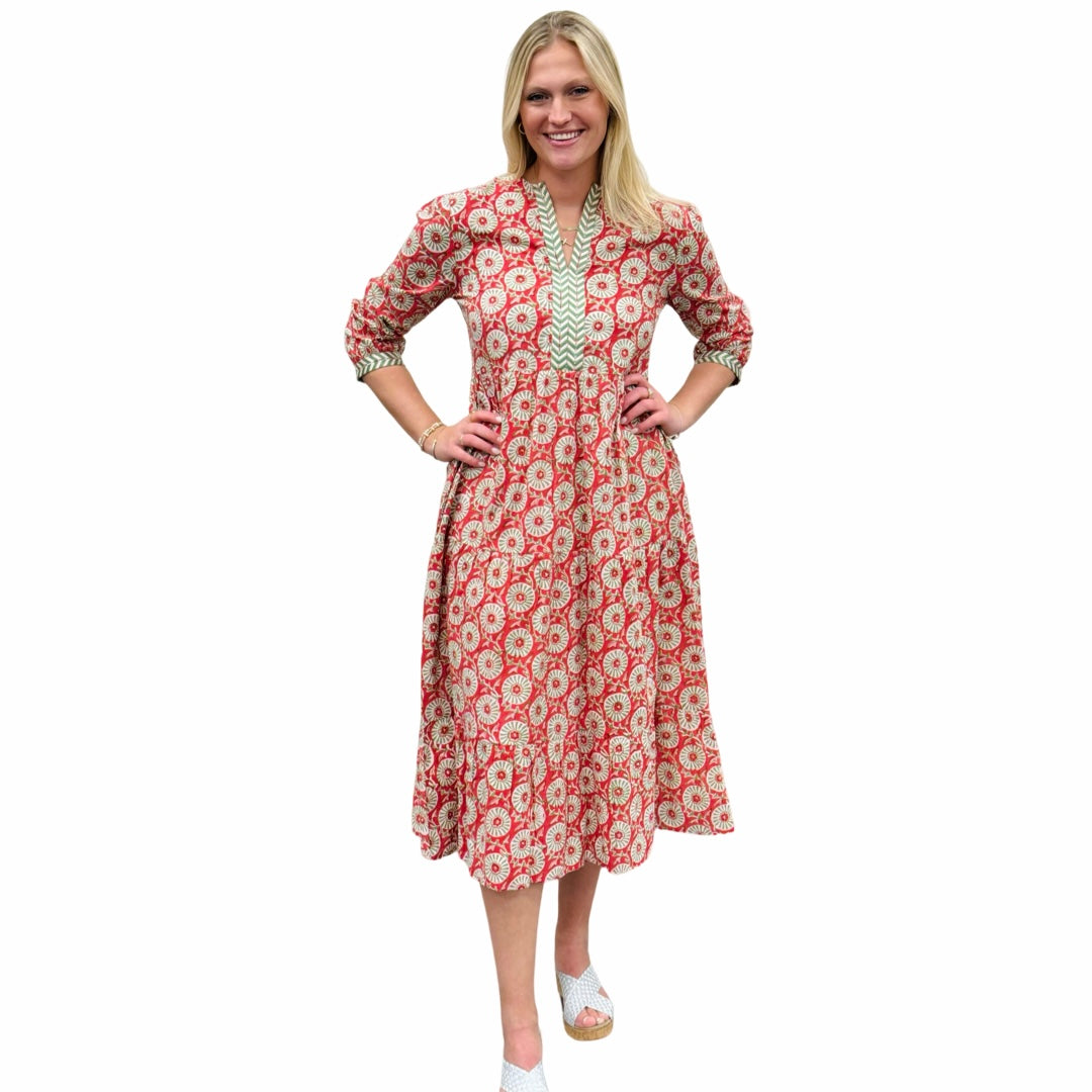 The Daniella Embroidered Trim Dress in Coral and Lime Floral Hand-Blocked Cotton — view 2
