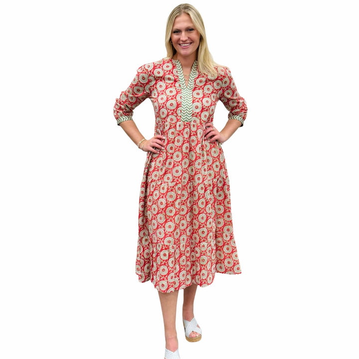The Daniella Embroidered Trim Dress in Coral and Lime Floral Hand-Blocked Cotton — view 2